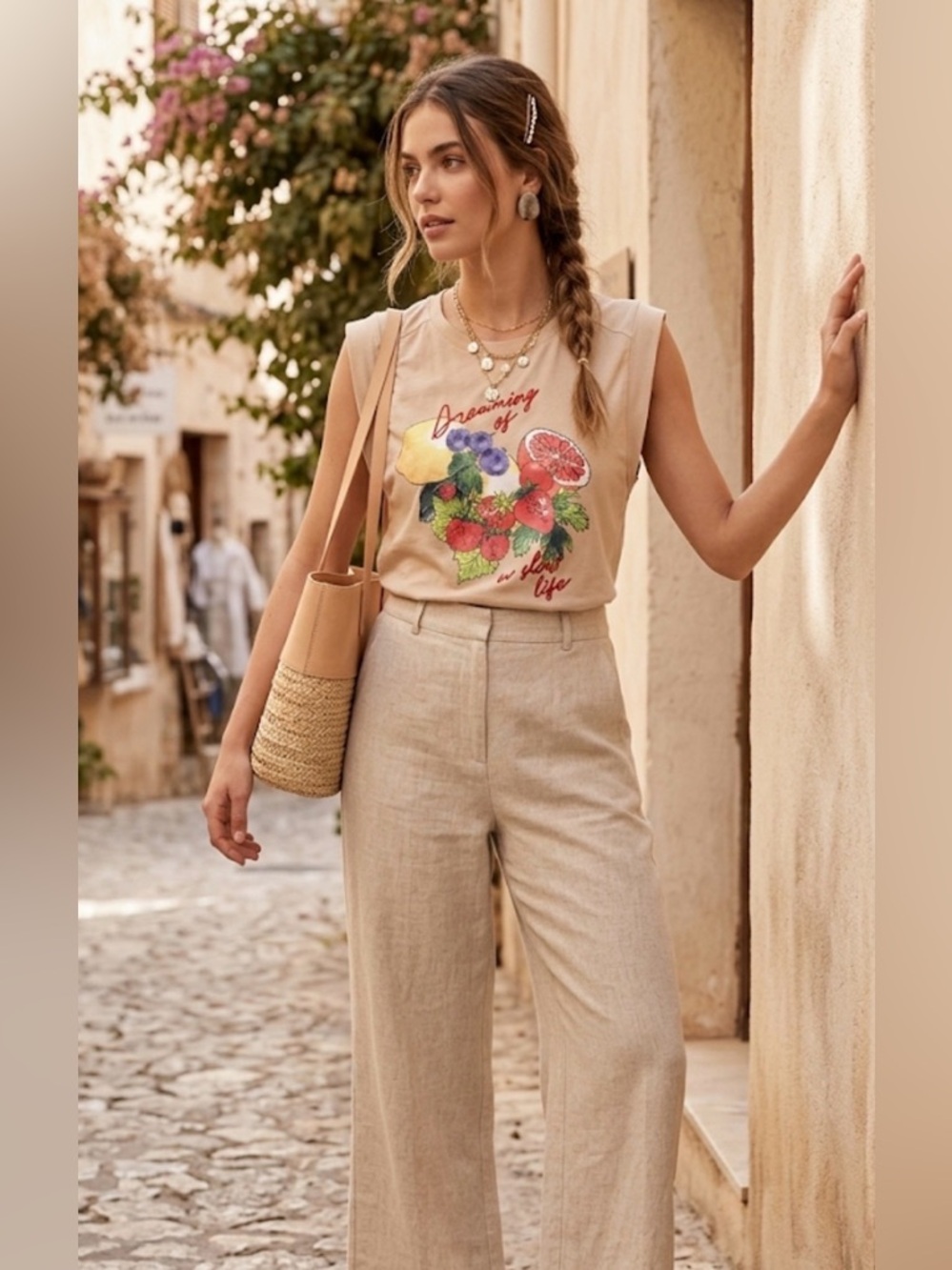 Skies Are Blue fruits cocktailBlush Graphic Muscle Tee S boho neutral‎ basic